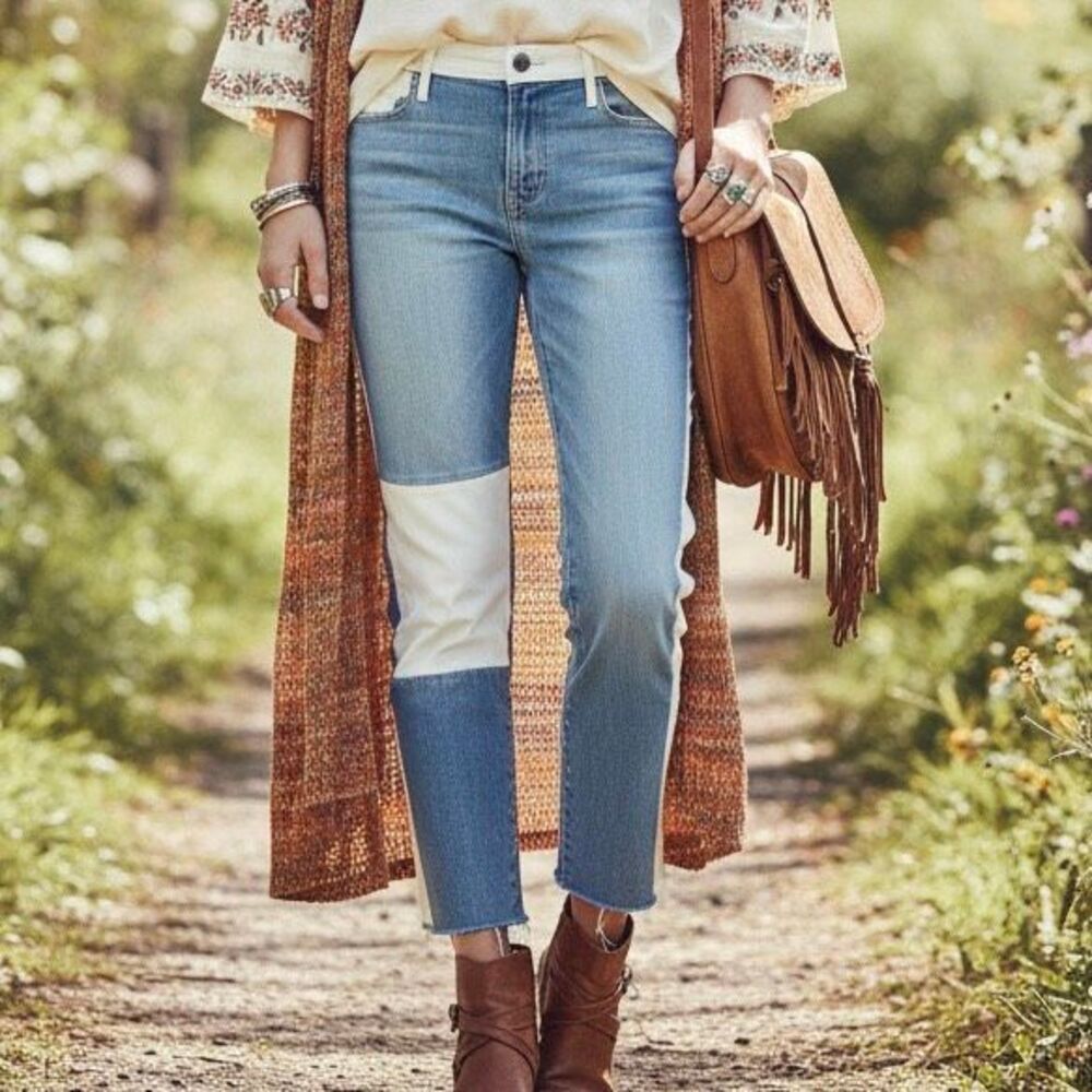 FRAME Le High Straight Sadie Two Tone Patchwork Jeans High Rise Straight Leg Raw